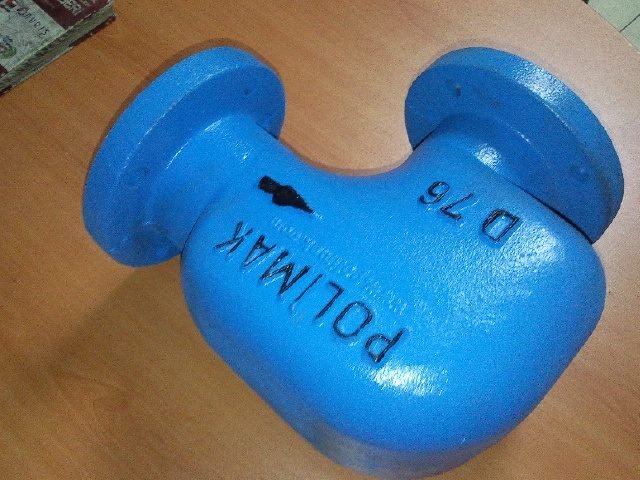 Blue Polimak compact flanged elbow marked D76